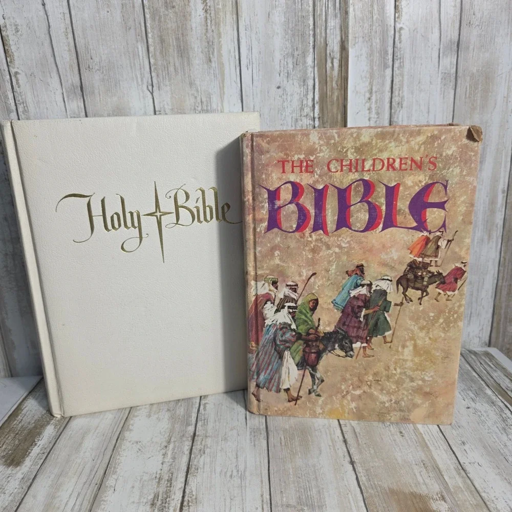 Vintage 1968 Catholic Holy Bible and Golden Press Childrens Bible Set 2 Books